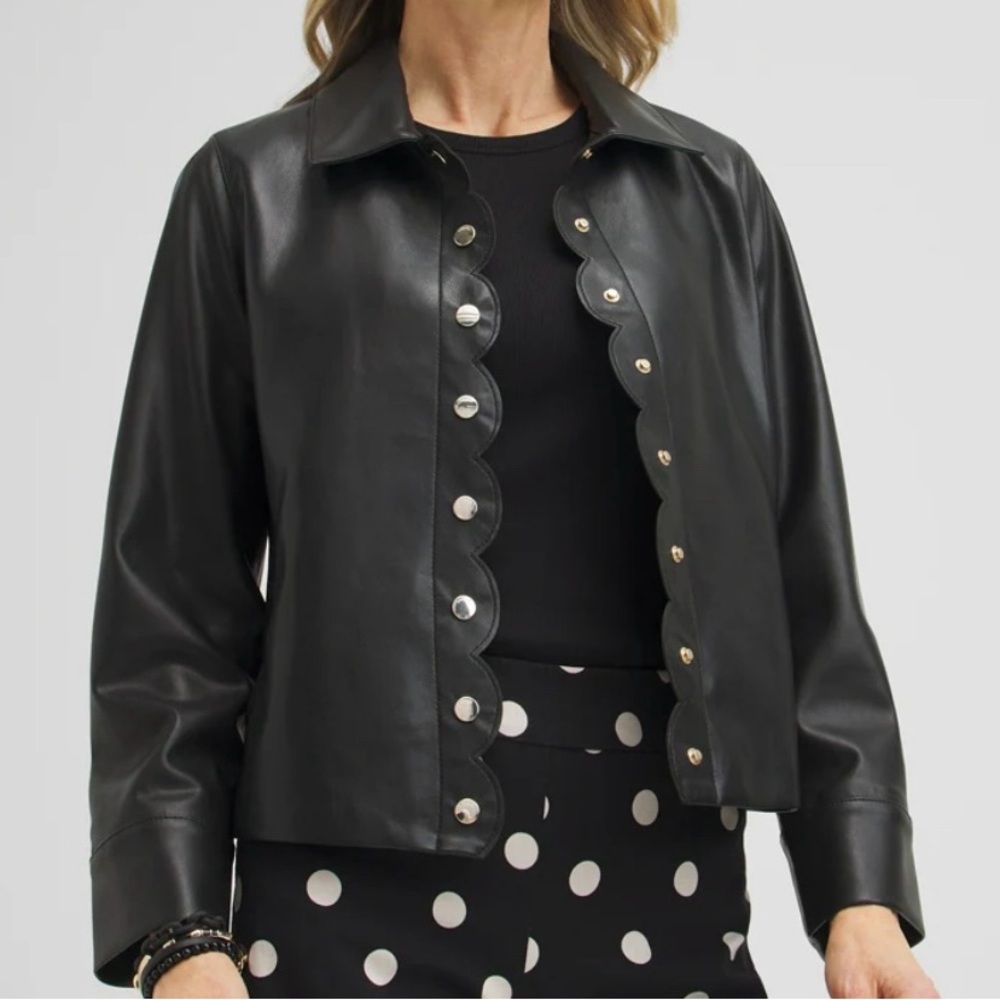 CHICO’S JACKET, Size 4 / US 20, Black Faux Leather Jacket w/ Scallop Edge, NEW